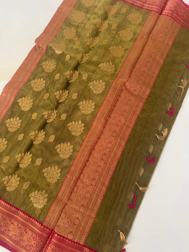 Chanderi Silk Saree | Handwoven | Silk | Light Moss Green & Pink | Gold Zari | Ships from California